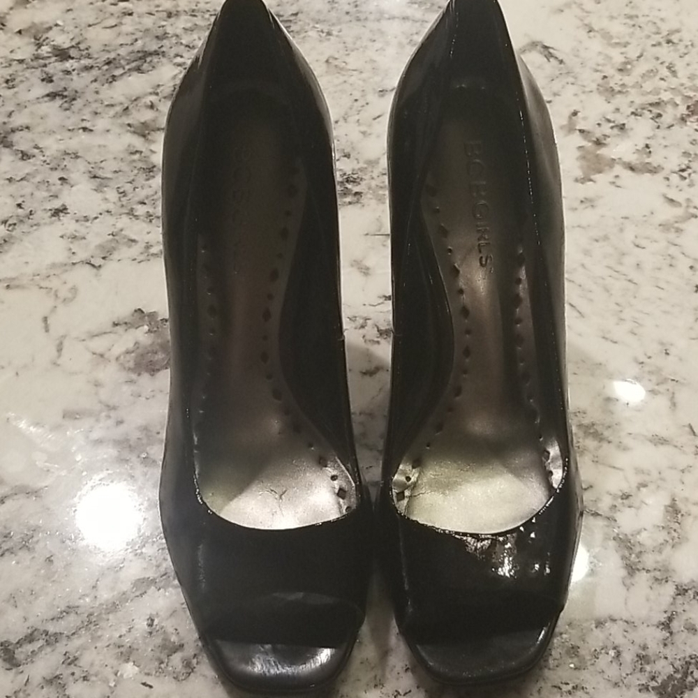 BCBGirls Black Patten Leather Peep Toe Heels
